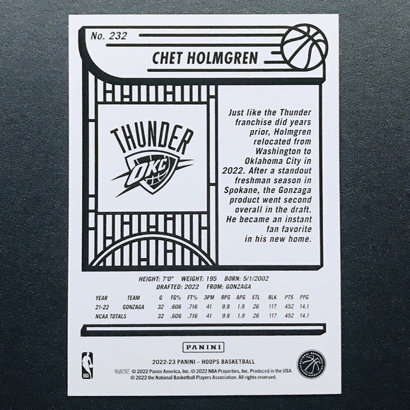 Chet Holmgren RC - 2022-23 Hoops #232 - Picture 2 of 2